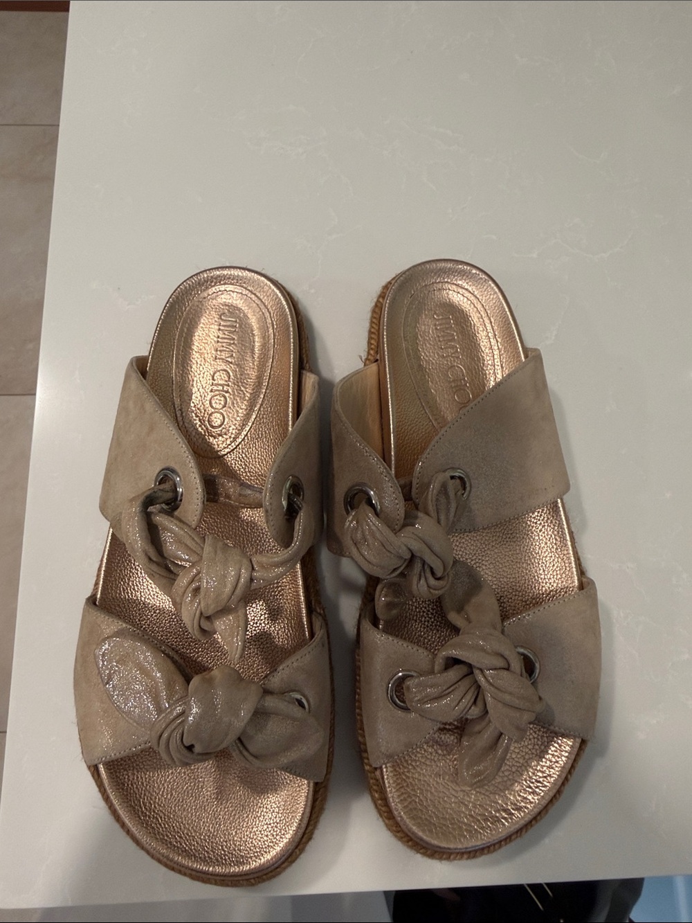 Jimmy Choo Taupe Suede Knot Wedge Slide Sandals with Rose-Gold Footbed